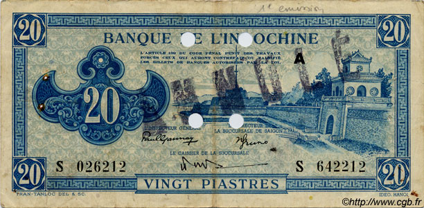 20 Piastres bleu Spécimen INDOCHINA  1943 P.065s MBC+