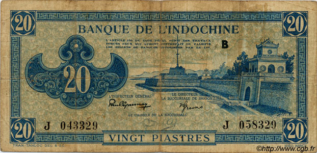 20 Piastres bleu FRANZÖSISCHE-INDOCHINA  1943 P.065 S