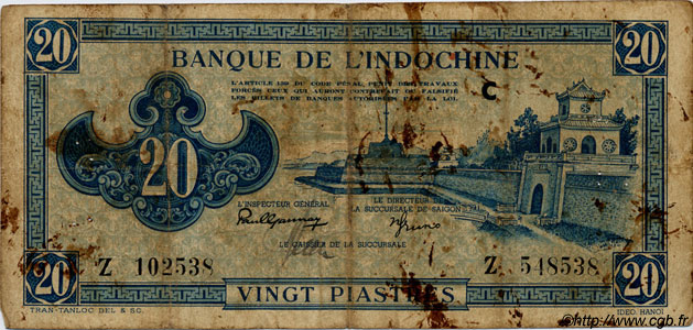 20 Piastres bleu FRENCH INDOCHINA  1943 P.065 VG
