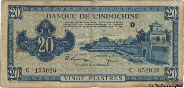 20 Piastres bleu INDOCINA FRANCESE  1943 P.065 q.BB