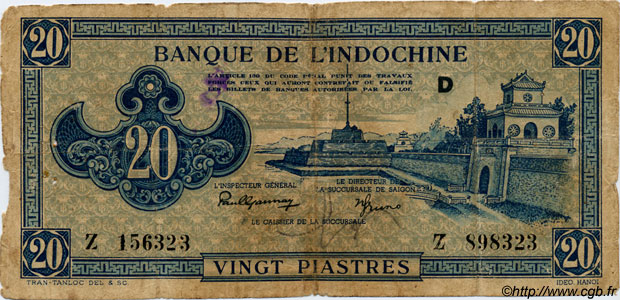 20 Piastres bleu FRANZÖSISCHE-INDOCHINA  1943 P.065 fS