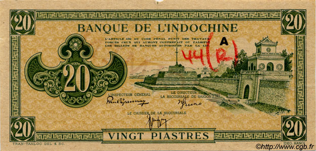 20 Piastres vert Spécimen FRENCH INDOCHINA  1944 P.070s XF