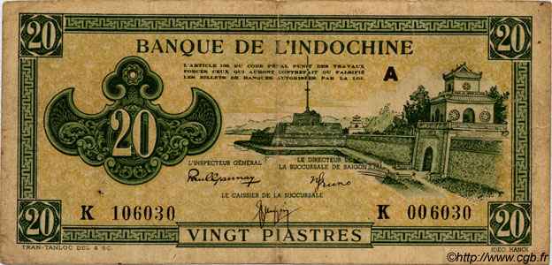 20 Piastres vert INDOCHINE FRANÇAISE  1944 P.070s TB