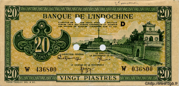 20 Piastres vert INDOCHINA  1944 P.070 EBC