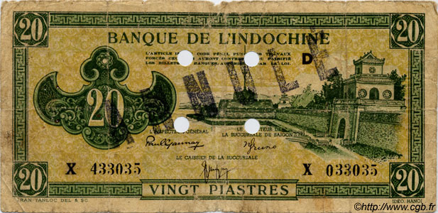 20 Piastres vert FRENCH INDOCHINA  1944 P.070s G