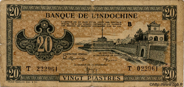 20 Piastres marron INDOCINA FRANCESE  1945 P.071 q.MB