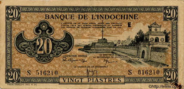 20 Piastres marron INDOCINA FRANCESE  1945 P.071 BB