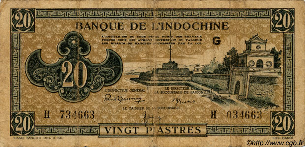 20 Piastres marron INDOCHINE FRANÇAISE  1945 P.071 B+