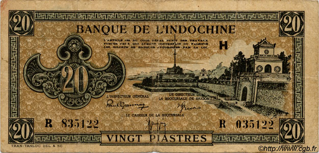 20 Piastres marron INDOCINA FRANCESE  1945 P.071 q.BB
