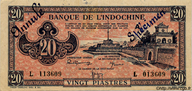 20 Piastres rose orangé INDOCINA FRANCESE  1945 P.072s SPL