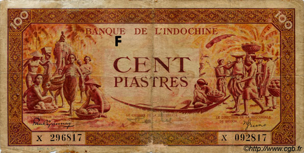 100 Piastres orange INDOCINA FRANCESE  1942 P.066 q.MB