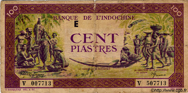 100 Piastres violet et vert FRENCH INDOCHINA  1944 P.067 VG