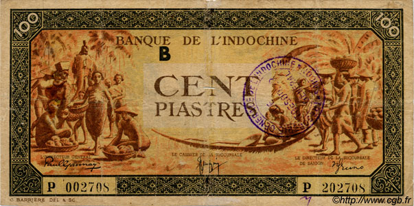 100 Piastres orange, cadre noir INDOCINA FRANCESE  1945 P.073 MB