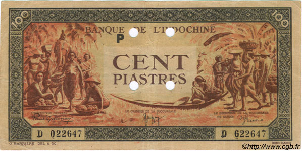 100 Piastres orange, cadre noir INDOCINA FRANCESE  1945 P.073s BB