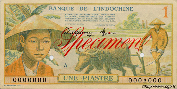 1 Piastre Spécimen INDOCHINA  1949 P.074s EBC
