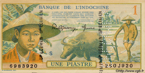 1 Piastre Spécimen FRENCH INDOCHINA  1949 P.074s AU