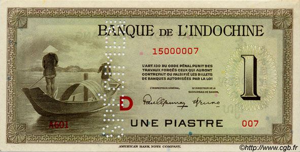 1 Piastre Spécimen INDOCINA FRANCESE  1945 P.076bs q.FDC