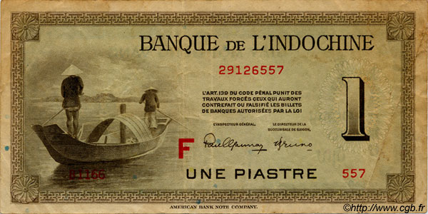 1 Piastre INDOCINA FRANCESE  1945 P.076c MB
