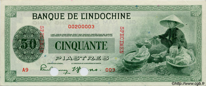 50 Piastres Spécimen INDOCINA FRANCESE  1945 P.077s AU