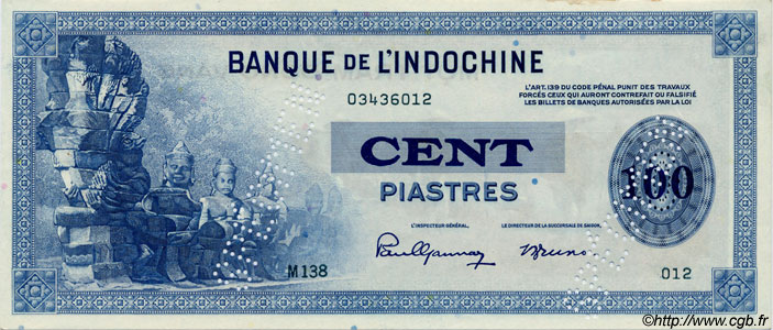 100 Piastres Spécimen FRENCH INDOCHINA  1945 P.078s AU