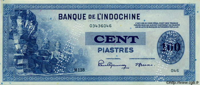 100 Piastres Spécimen FRENCH INDOCHINA  1945 P.078s XF+