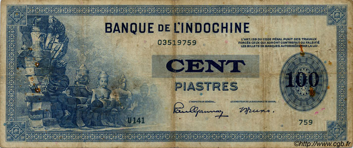 100 Piastres FRANZÖSISCHE-INDOCHINA  1945 P.078 S