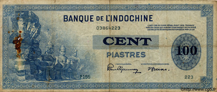 100 Piastres INDOCINA FRANCESE  1945 P.078 MB