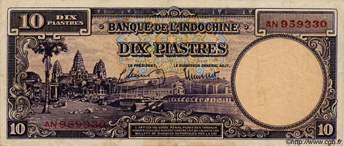 10 Piastres FRENCH INDOCHINA  1947 P.080 VF+