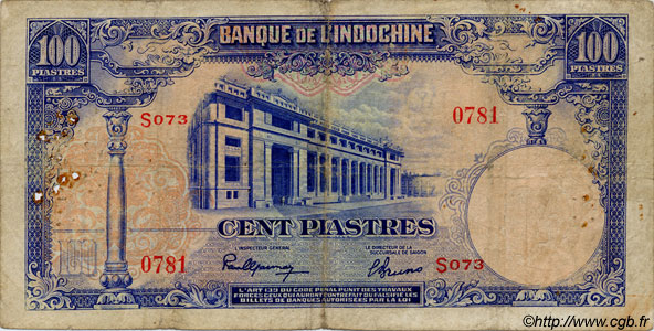 100 Piastres FRENCH INDOCHINA  1945 P.079a G