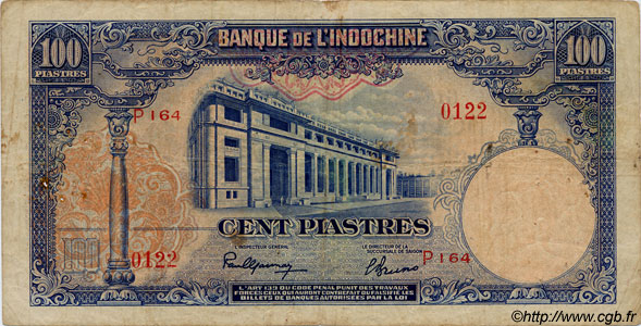 100 Piastres INDOCINA FRANCESE  1945 P.079a q.MB