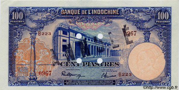100 Piastres Spécimen INDOCHINA  1945 P.079as EBC+