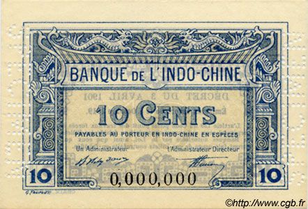 10 Cents Spécimen FRENCH INDOCHINA  1920 P.043s UNC-