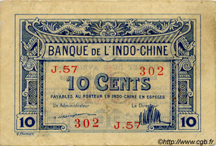 10 Cents INDOCHINA  1920 P.044 MBC+