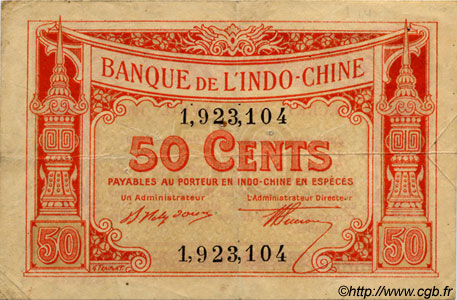 50 Cents FRENCH INDOCHINA  1920 P.046 F+