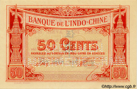 50 Cents FRENCH INDOCHINA  1920 P.047s UNC