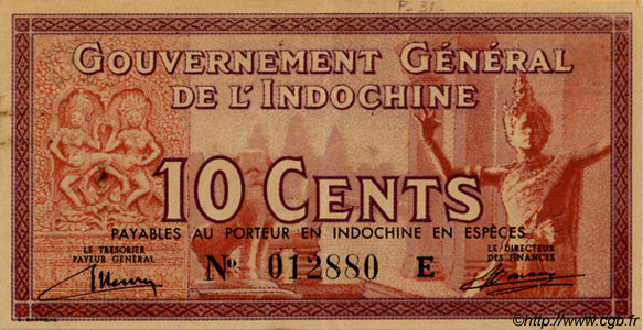 10 Cents INDOCINA FRANCESE  1939 P.085a SPL