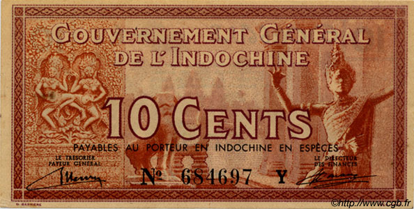 10 Cents FRENCH INDOCHINA  1939 P.085b AU