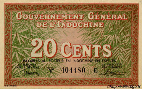 20 Cents INDOCINA FRANCESE  1939 P.086a AU