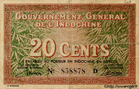 20 Cents FRENCH INDOCHINA  1939 P.086a F