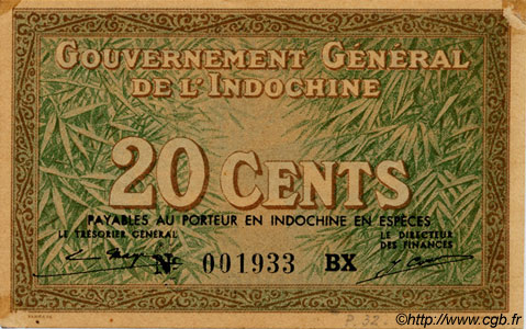 20 Cents FRENCH INDOCHINA  1939 P.086d XF+