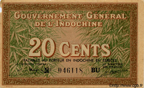20 Cents INDOCINA FRANCESE  1939 P.086d SPL