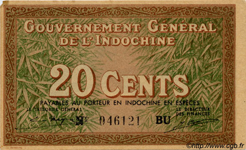 20 Cents FRENCH INDOCHINA  1939 P.086d XF