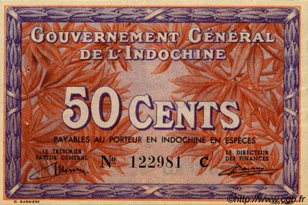 50 Cents FRENCH INDOCHINA  1939 P.087a XF