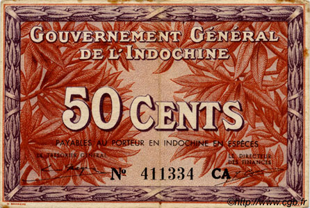 50 Cents FRENCH INDOCHINA  1939 P.087d VF+
