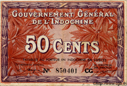 50 Cents FRENCH INDOCHINA  1939 P.087d VF