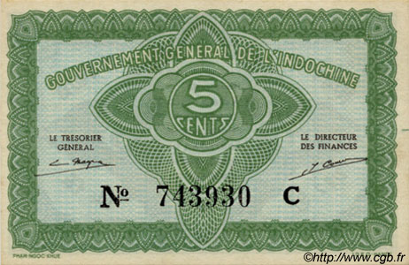 5 Cents FRENCH INDOCHINA  1943 P.088a UNC