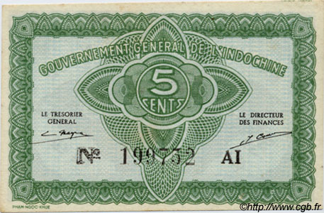 5 Cents FRENCH INDOCHINA  1943 P.088a UNC-