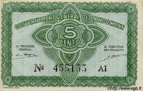 5 Cents FRANZÖSISCHE-INDOCHINA  1943 P.088a ST
