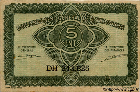 5 Cents FRENCH INDOCHINA  1943 P.088b VF