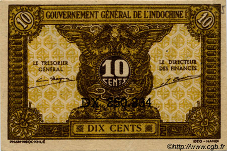10 Cents INDOCINA FRANCESE  1943 P.089 AU
